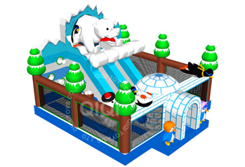Polar bears with penguins in winter playground